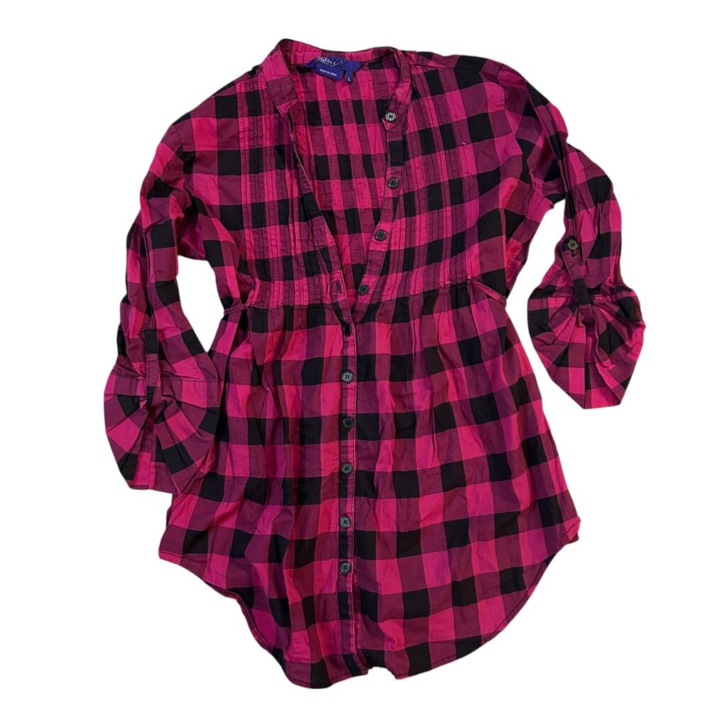 Miley Cyrus Max Azria Button Down Top Womens Large Plaid Pink Black Indie Emo